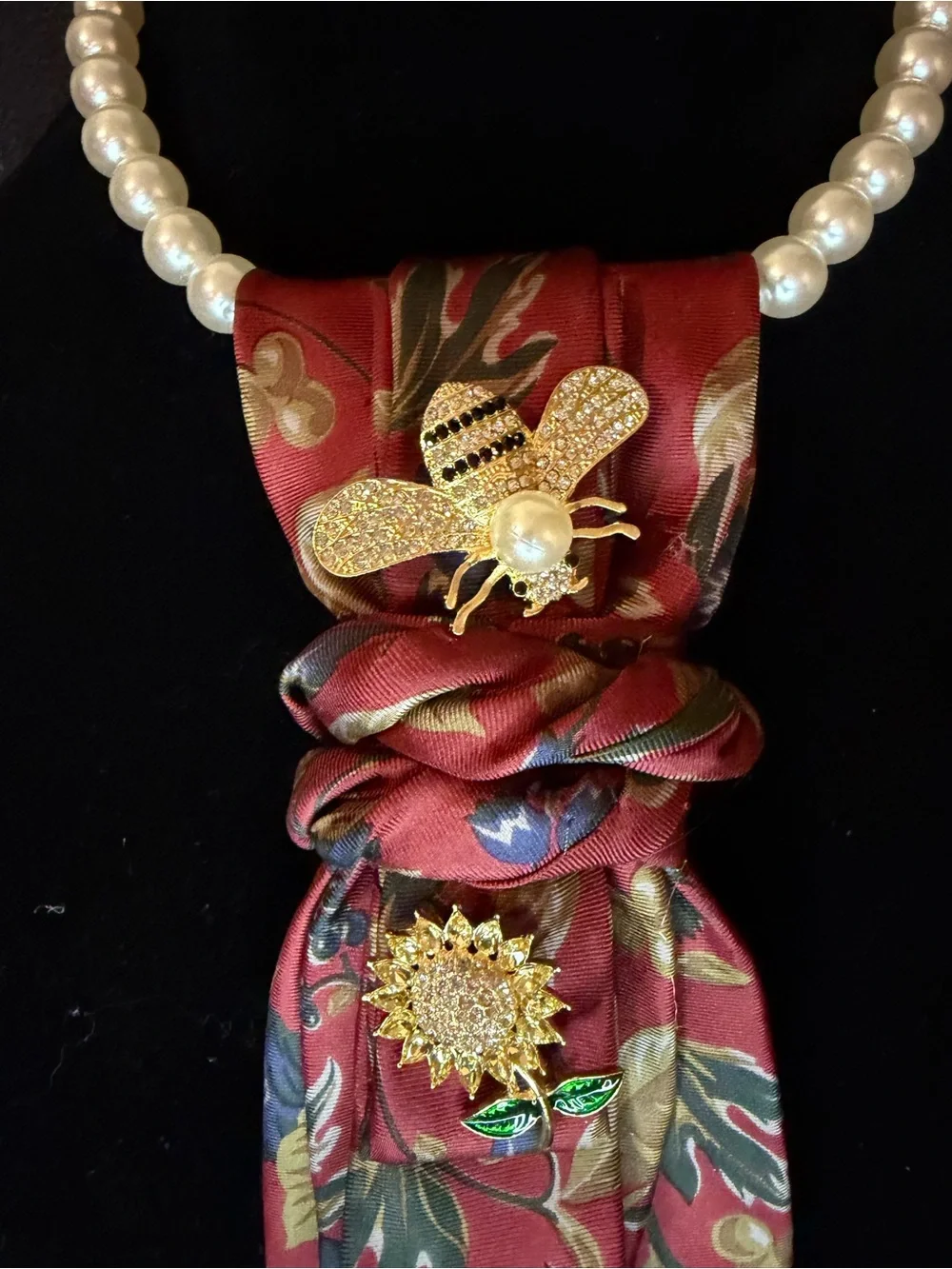 Christian Dior Red Floral Silk Tie with Gold Bee and Sunflower Brooches